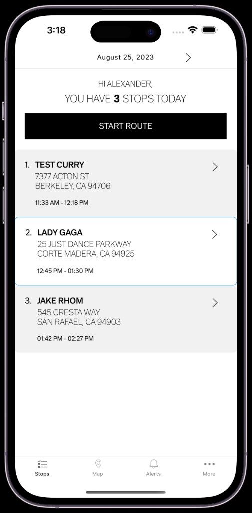 I led and contributed to multiple custom mobile applications for Restoration Hardware, focused on logistics, hospitality, and high quality user experiences.

RH Routing App
I built a real time delivery navigation app using React Maps and the Bing API, including geofencing, voice guided navigation, and a dynamic delivery checklist. I integrated backend APIs to pull delivery itineraries and plotted routes using live GPS data.

CMS and food ordering
I built a CMS backed in app food ordering workflow to support streamlined ordering and delivery coordination.

RH Guesthouse App
I contributed to the Dine 2.0 and Iceos apps, delivering features for smart room control, food service, and concierge style experiences.

Additional contributions
I debugged and optimized React Native apps on a six person team, consistently shipping polished, user friendly releases on tight timelines.
 app screen 1